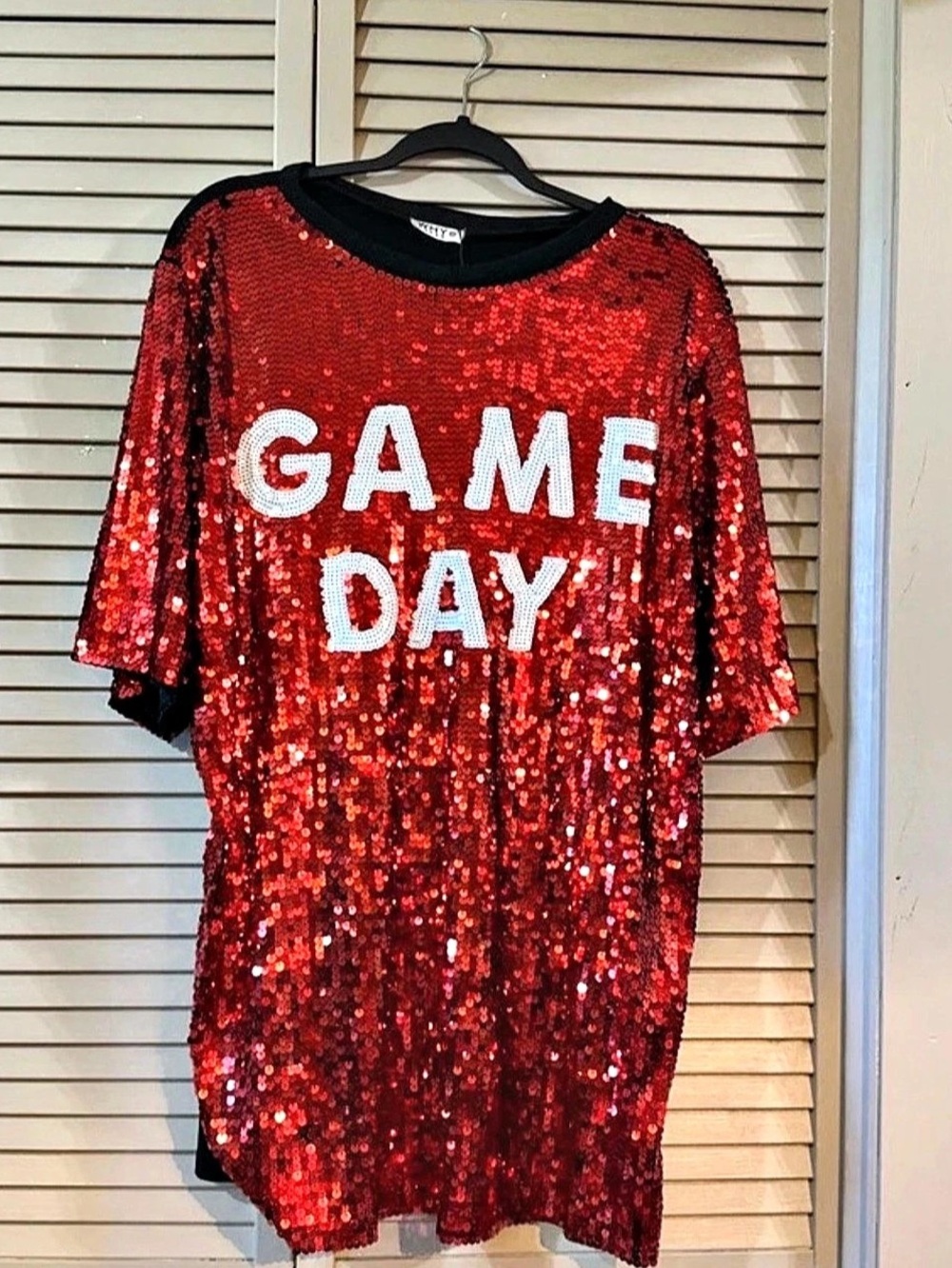WHY DRESS Game Day Sequin T-Shirt Dress in Red & Black